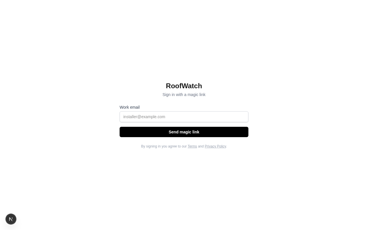 Magic-link sign in screen for RoofWatch installers