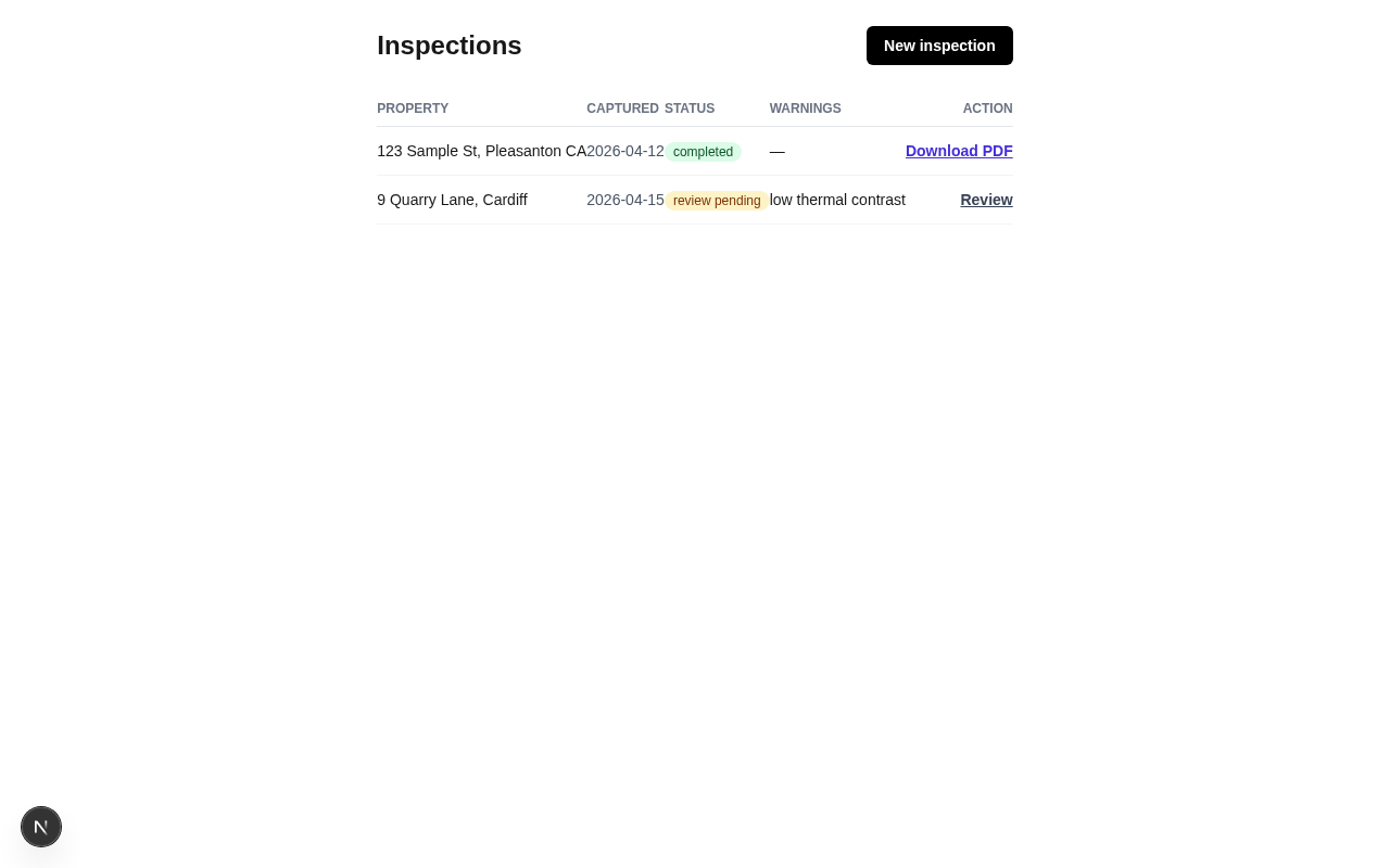 Inspections list with capture warnings and review status