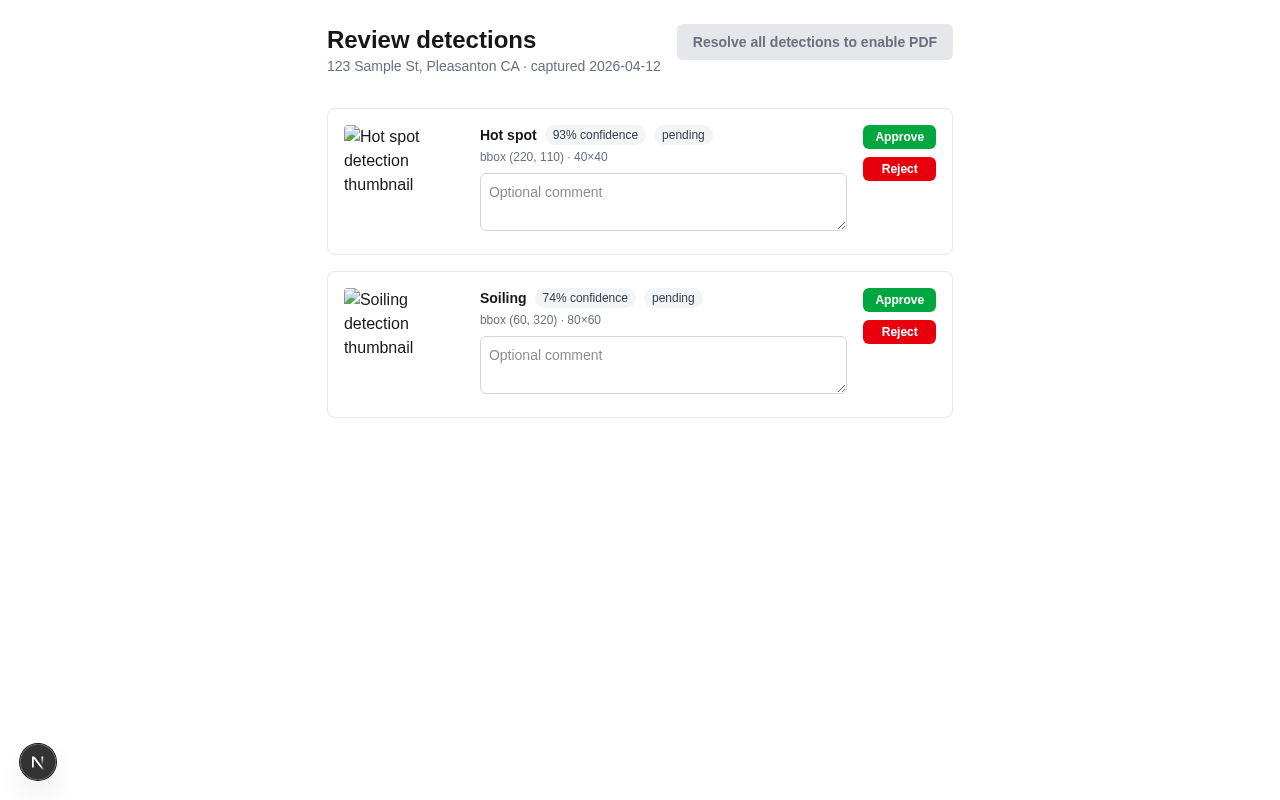 AI detection review — approve or reject hot-spot and soiling findings
