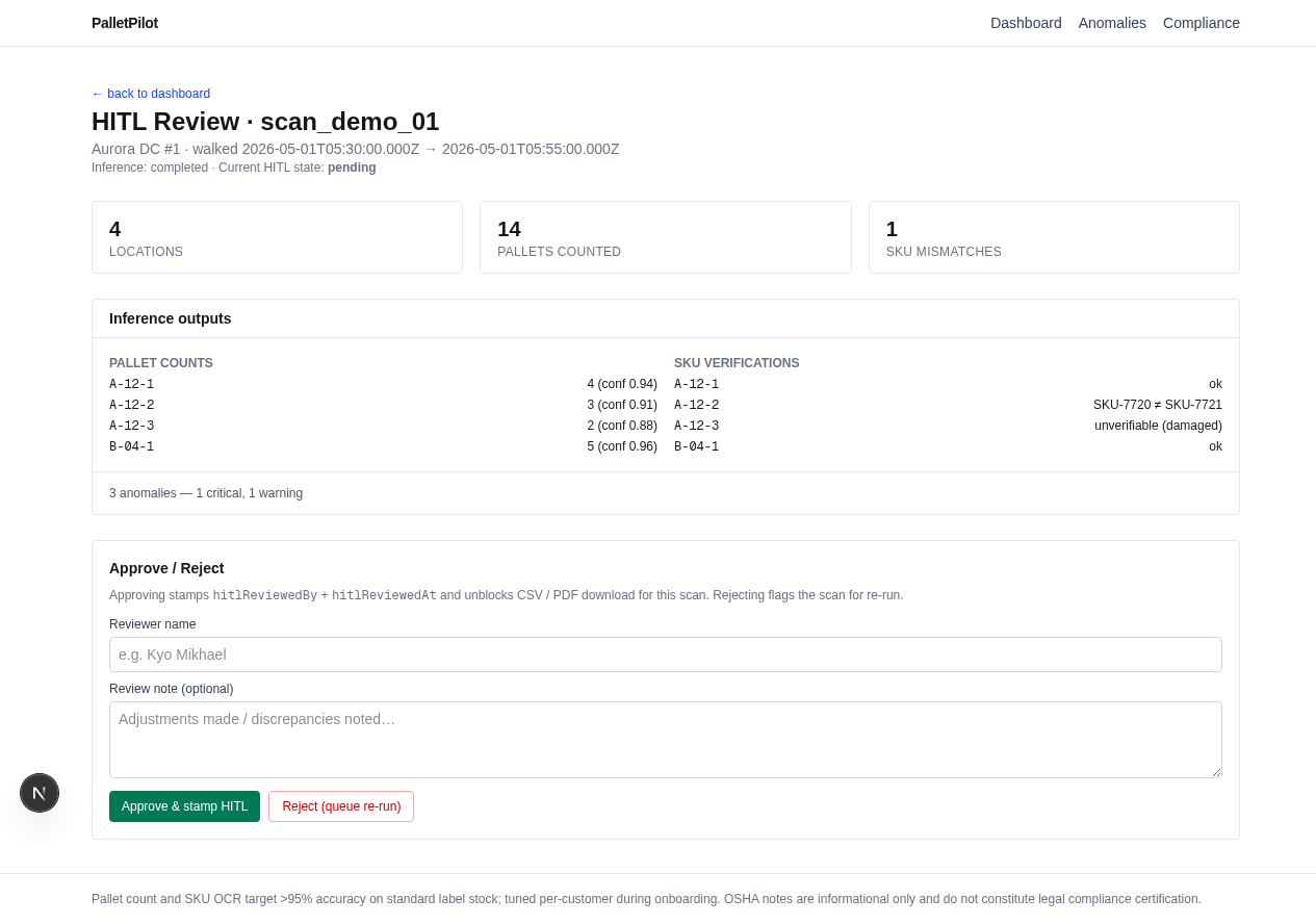 HITL review — approve and stamp pallet count + SKU verification