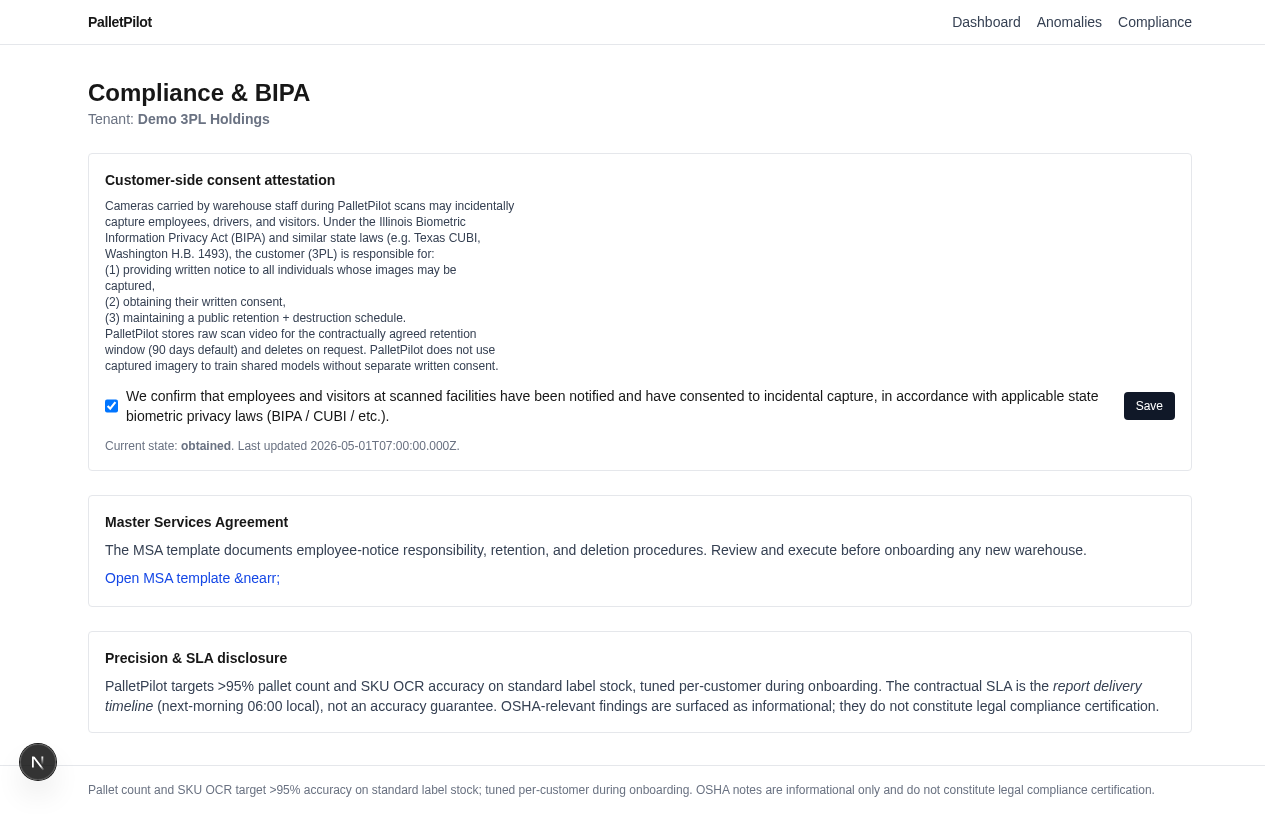 Compliance & BIPA — customer-side consent attestation and MSA
